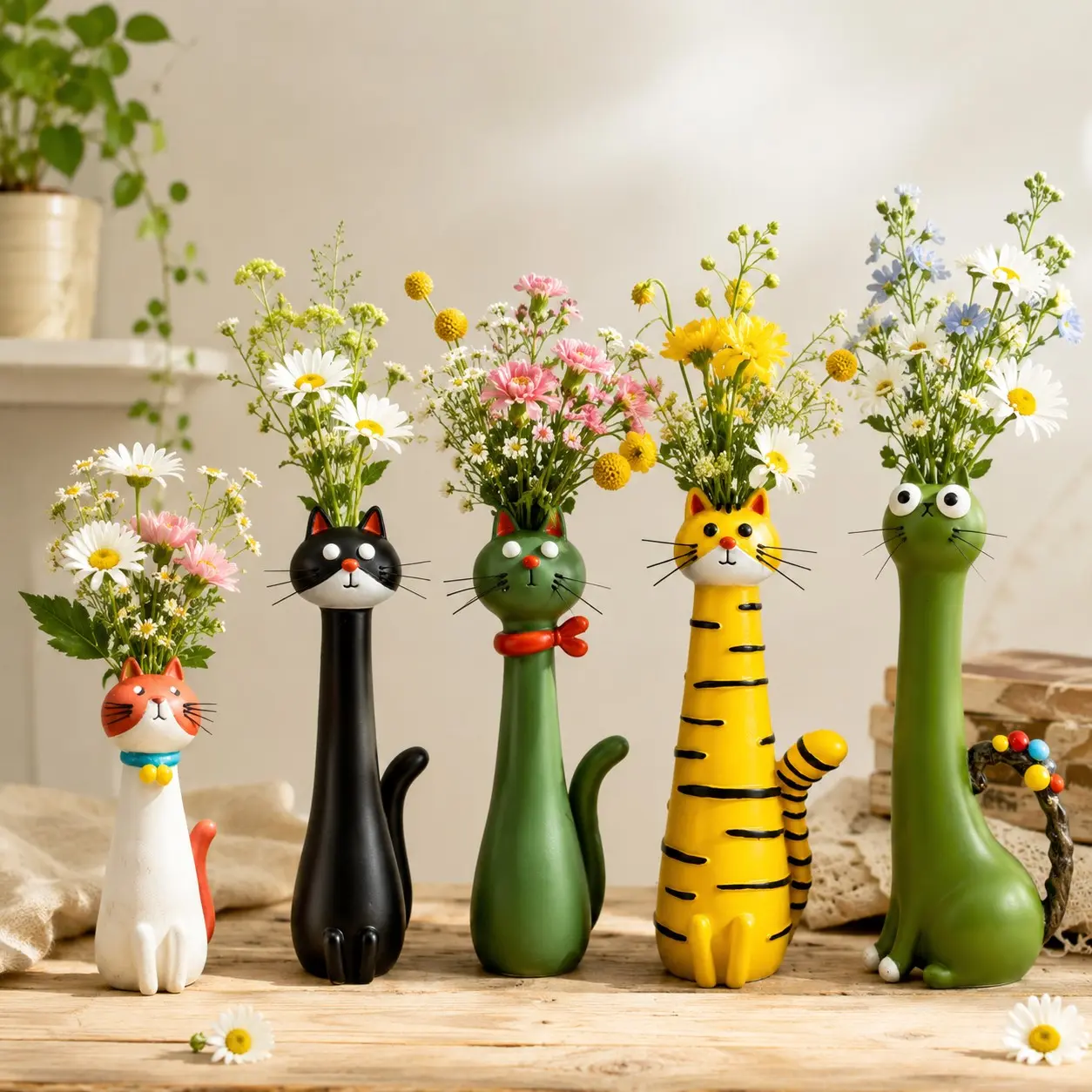 Whimsical Resin Cat Flower Vase Set, Hand-Painted Cute Long-Neck Cat Shaped Vases, Home Decor for Living Room, Bedroom, Office, Tabletop, Decorative Vase