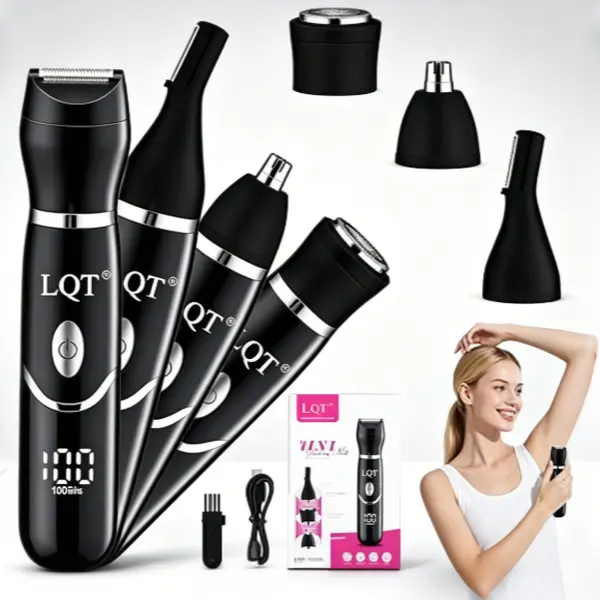 LQT Women's 4-in-1 Multifunctional Hair Trimmer Kit - LCD Digital Display, Cordless USB-Rechargeable Electric Shaver with 4 Interchangeable Heads, Safe Gentle Full-Body Hair Removal Tool for Intimate Grooming, Underarm