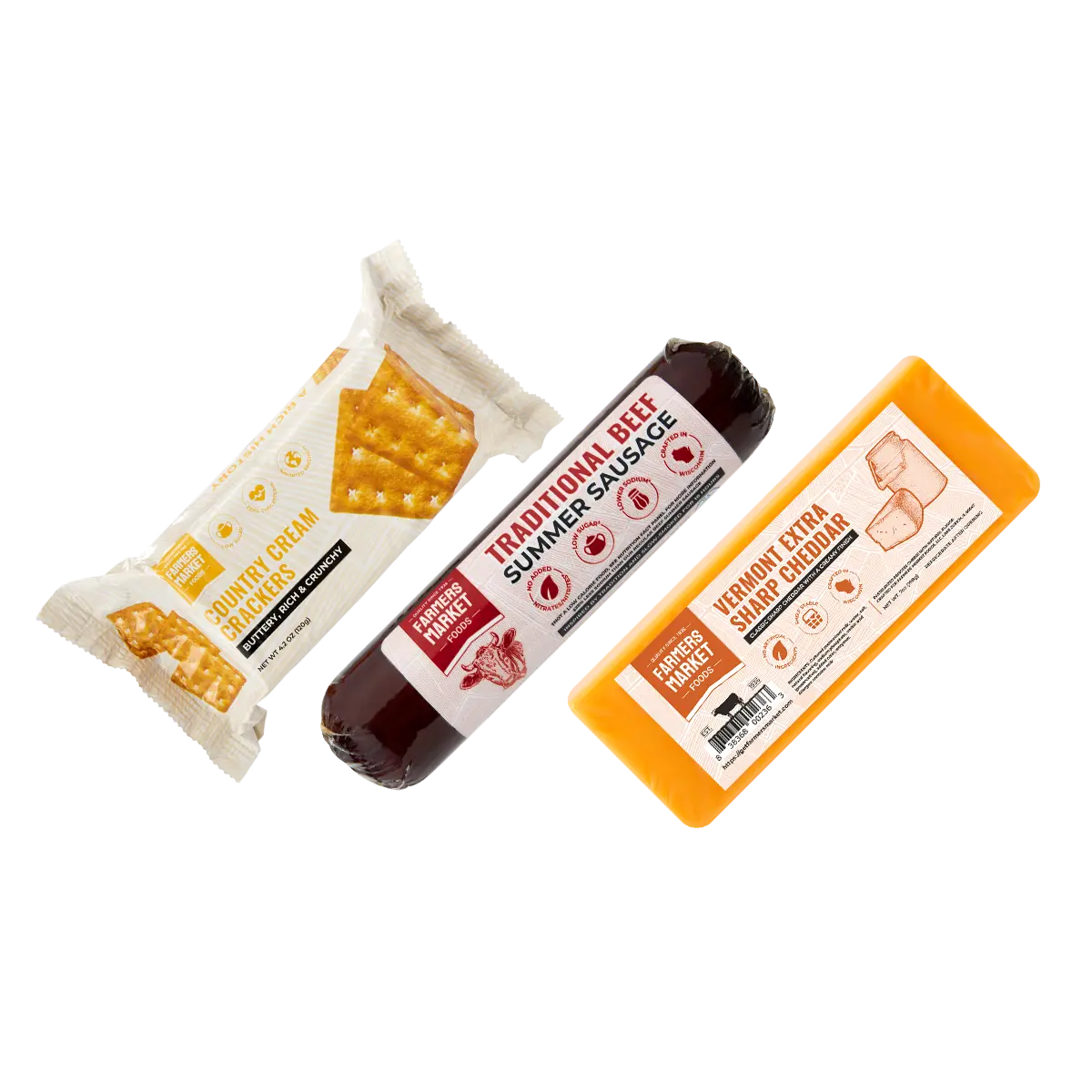Farmers Market Meat & Cheese Gift Set | Traditional Beef Summer Sausage, Vermont Sharp Cheddar & Crackers Snack Box | Keto Friendly Charcuterie Food Gift Basket for Father’s Day, Camping Care Packages