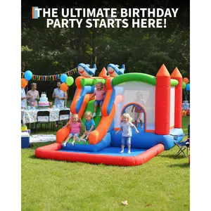 【GAOMON】5-in-1 Inflatable Bounce House for Kids 3-12, Slide Climbing Wall Ball Pit Jumping Area, Indoor Outdoor Bouncy Castle with Blower, Perfect Children's Day Gift - SummerVibes