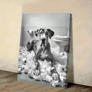 1 Piece Funny Great Dane Toilet Paper Poster - Black and White Dog Art Print with Wrapped Frame, Easy to Hang Bathroom Decoration, Pet Lover Gift, Humorous Dog Owner Gift Suitable for Living Room, Kitchen, Office - Durable Canvas Painting, Wooden Wall Art