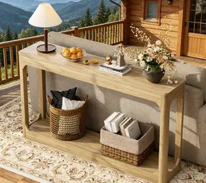 55.1-in Curved-Leg Wooden Storage Side Table - Slim Console Table for Behind Sofa, Entryways