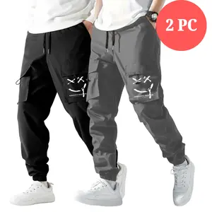 2 PC Men's elastic waistband cargo pants with multiple large pockets, elastic waist belt, easy to put on and take off, slim fit style, suitable for casual and daily wear for men.