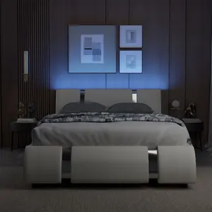 LUX Deluxe Leather Upholstered Platform Bed Frame Queen Full Size with LED Headboard
