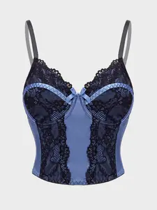 Women's Blue Satin Corset Top Underwear, Deep V Neck Design, Low Saturation Cold Tone Blue, Elegant Bow, Cool Atmosphere, Aesthetic