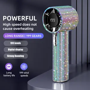 Rhinestone Handheld High-Speed Turbo Fan, 199-Speed Adjustable, 40dB Quiet Operation, LED Digital Display, USB-C Rechargeable, IPX4 Waterproof, Portable Cooling Fan for Travel, Office, Outdoor, Summer Gift