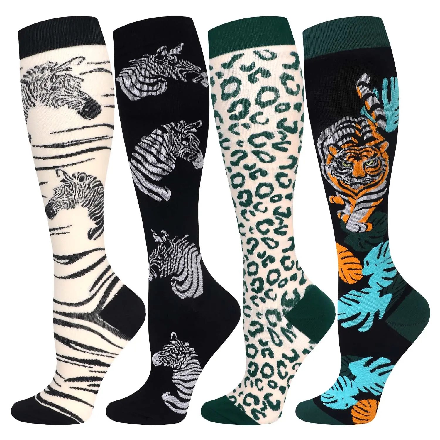 Isunie 4 Pairs 15-20mmHg Animal Print Graduated Compression Socks for Women & Men – Stylish & Breathable Support to Relieve Swollen Feet, Leg Fatigue & Muscle Stiffness for Long Travel, Running, outdoor,Nursing Shifts & Daily Wear