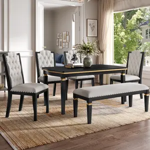 6-Piece Kitchen Dining Table Set, 60" Rectangular Table and 4 High-Back Tufted Chairs & 1 Bench for Dining Room and Kitchen (Black) (OLD SKU: N752S000080)