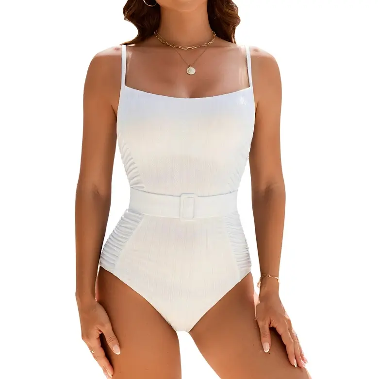 Blooming Jelly Womens One Piece Swimsuit Tummy Control Beltd Ruched Textured Bathing Suit Modest Slimming Retro Cute Swimwear Bikinisuit Swimming Suit #SwimWeek #Summervibes