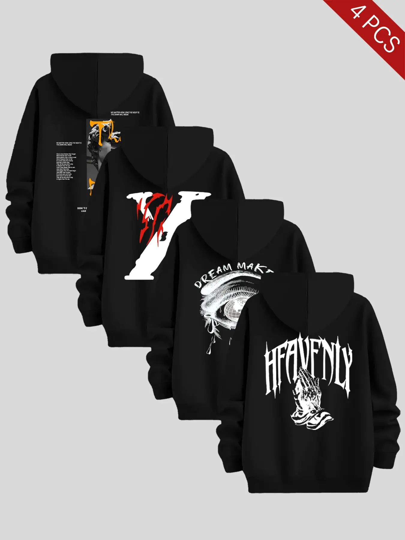 Men's Long Sleeve Hoodies 4-Pack, Letter Print Art Style Hooded Top Sweatshirts, Funny Graphic Sweatshirt, Thick Fabric for Fall & Winter, Casual Fitted Design