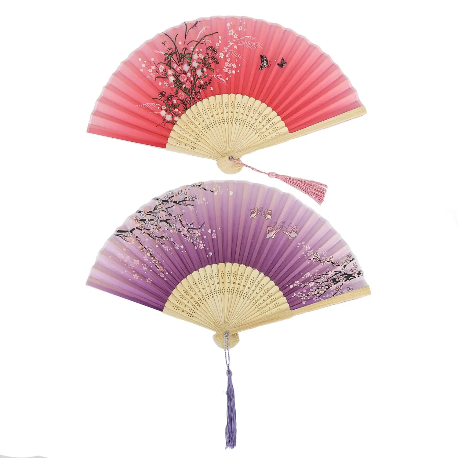 2 Pieces Handheld Fans,Silk Folding Foldable Fans Vintage Bamboo Frames Chinese Japanese Fans for Dancing Cosplay Wedding Party Props Decoration