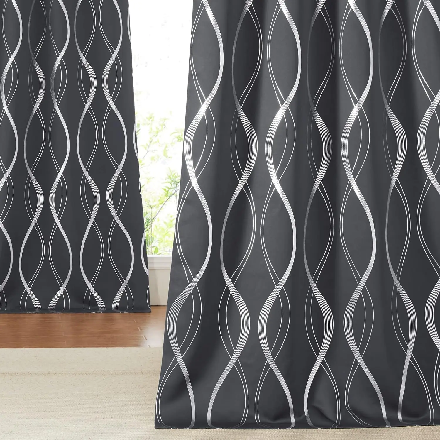 NICETOWN Bedroom Blackout Curtains Panels - Window Treatment Thermal Insulated Solid Grommet Blackout Wave Line Foil Print Design Curtains for Living Room (Set of 2, 52 by 63 Inch,Grey)