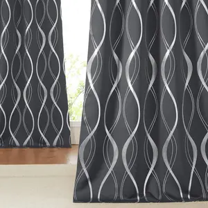 NICETOWN Bedroom Blackout Curtains Panels - Window Treatment Thermal Insulated Solid Grommet Blackout Wave Line Foil Print Design Curtains for Living Room (Set of 2, 52 by 63 Inch,Grey)