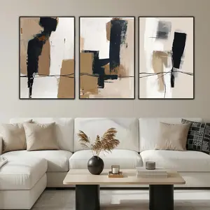Neutral Abstract Black and Tan Brown Wall Art Framed Canvas Prints, Mid-Century Minimalist Modern Decor Large Artwork for Living Room, Home Office, Dining Room - 3 Panels 24x36 Inch