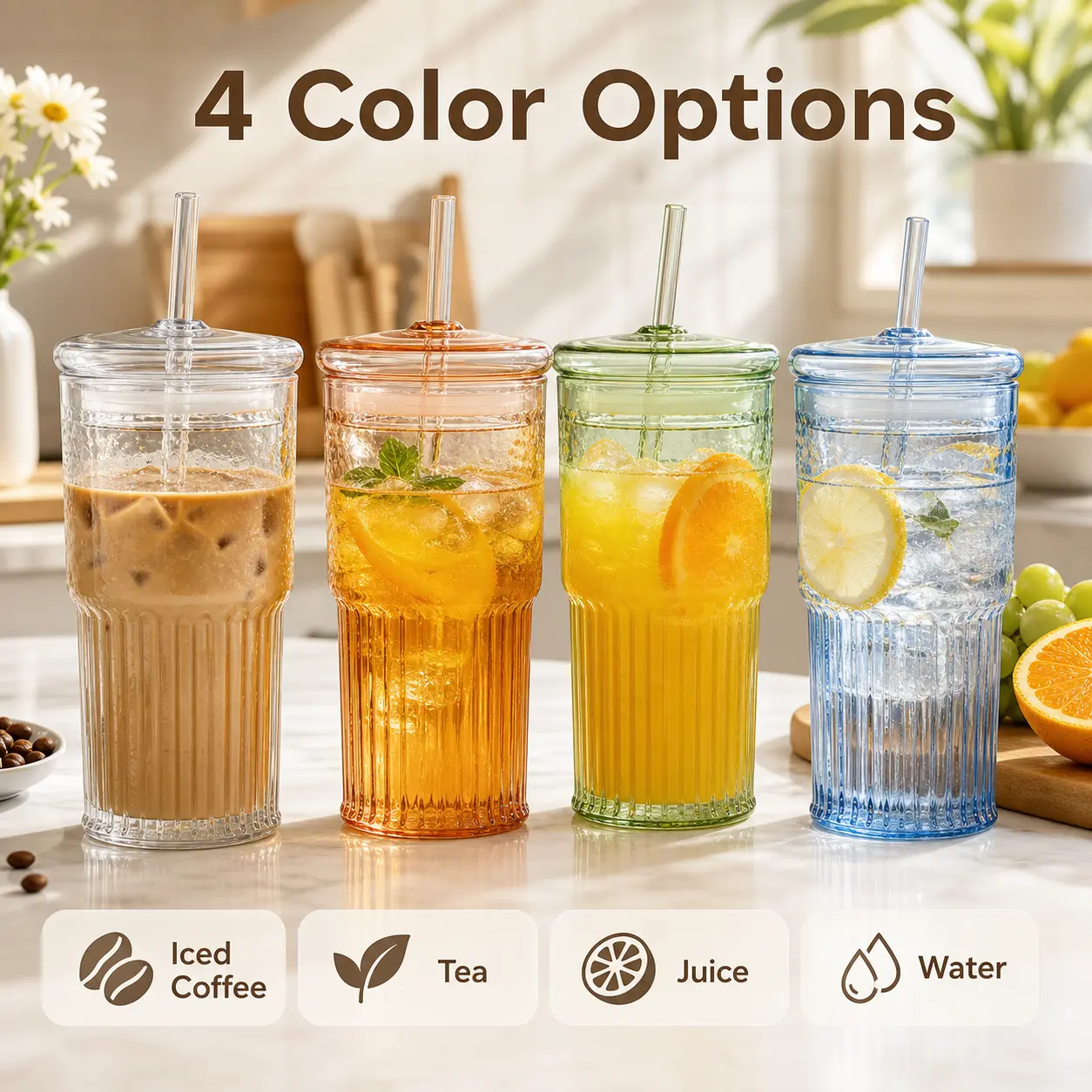 20 oz Ribbed Glass Iced Coffee Cups, 2 Pack Drinking Glasses with Lids and Glass Straws