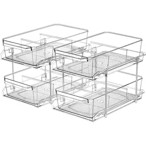 2 Set 2 Tier Clear Organizer with Dividers, Multi-Use Slide-Out Storage Container for Cabinet Shelf Counter, Ideal for Kitchen Pantry Bathroom Vanity Under Sink Organizing Bins