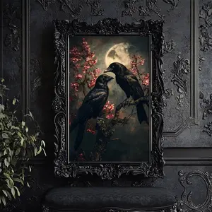 Raven Couple in Dark Forest Wall Art Print Poster Unframed, Owl Gothic Romantic Crow, Dark Academia, Cottagecore, Wildlife Painting, Atmospheric Witchy Spooky Horror Wall Art
