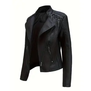 Women's Slim Fit PU Leather Moto Jacket - Stylish Waterproof Zip-Up with Multiple Pockets for Outdoor, Sports, Hiking, and Casual Wear, Motorcycle Jacket |   Decorative Stitching |   Secure Zip Closure Coats Tops Womenswear Outerwear