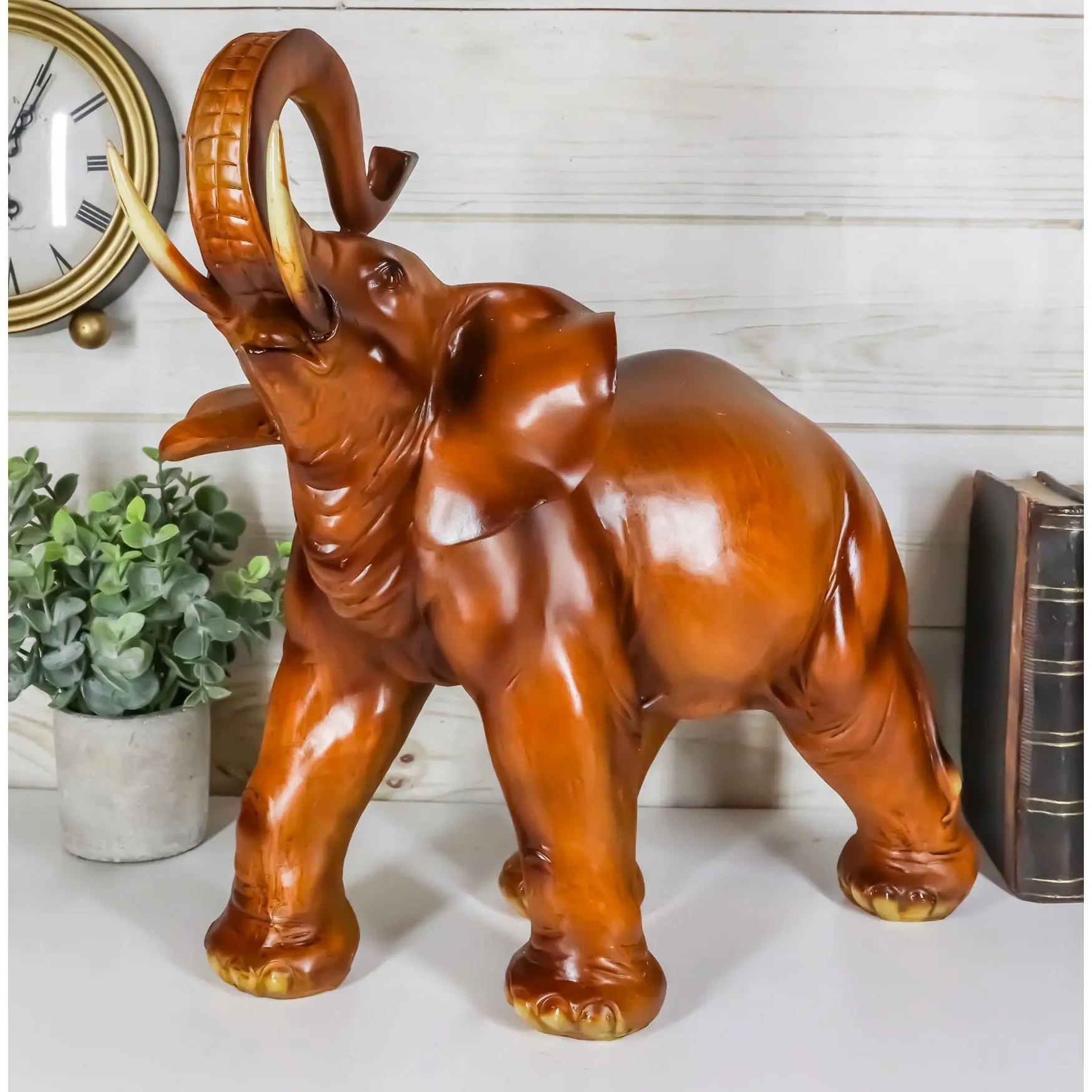 Ebros Faux Mahogany Wood Thai Buddha Elephant With Trunk Up Statue 14.25"Long