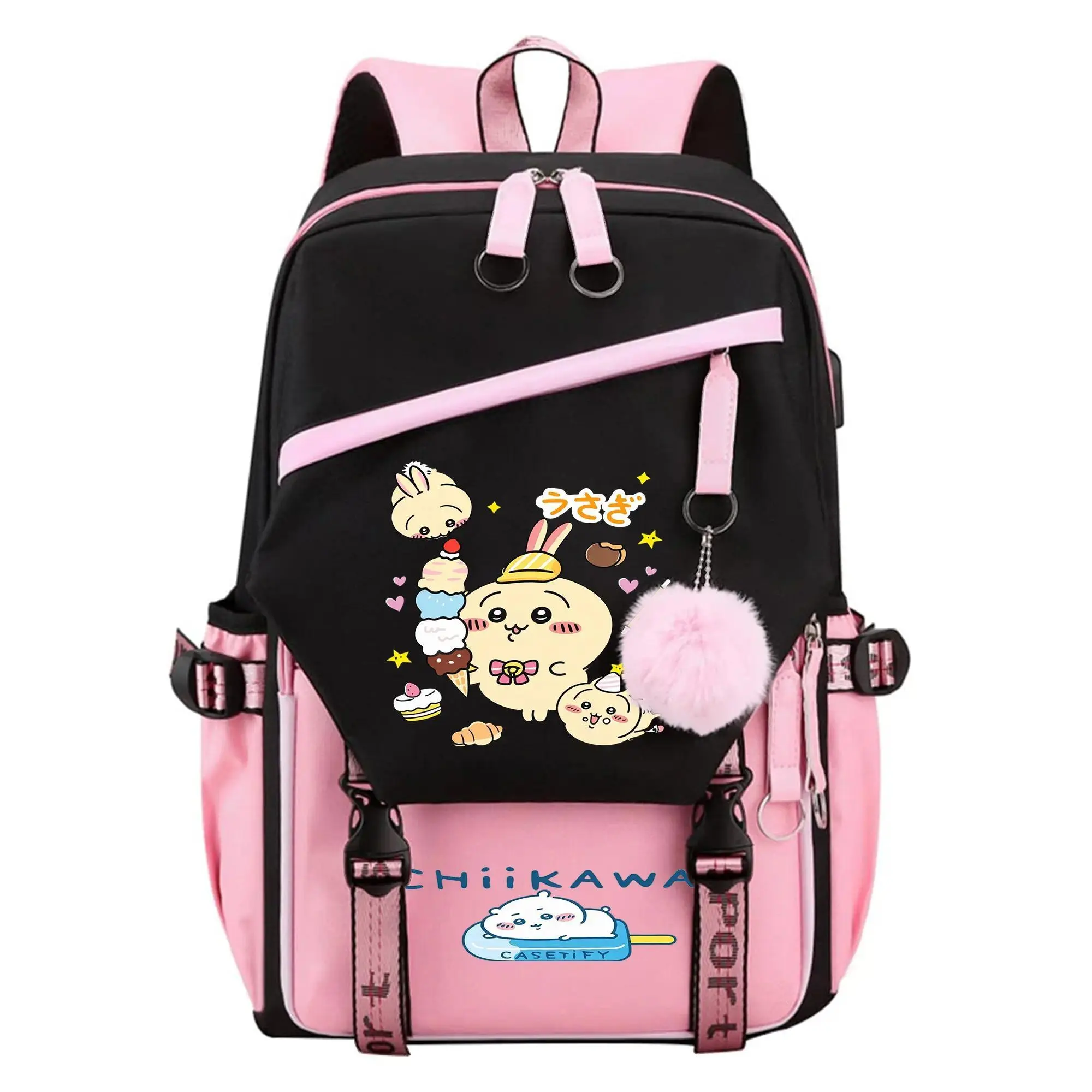 Cute Chiikawa Backpack Pink and Black Bookbag with Keychain Waterproof Travel Laptop Bag