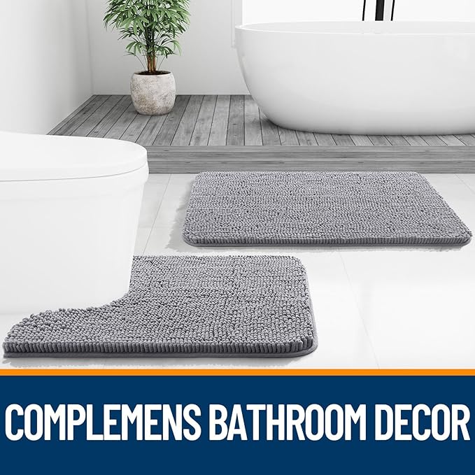 Plush Chenille Bathroom Decor Set (1 or 3 Pieces) - Super Soft, Absorbent, Quick Dry, Slip-Resistant Bath Mat with U-Shaped Toilet Floor Rug for Family Bathrooms, Indoors
