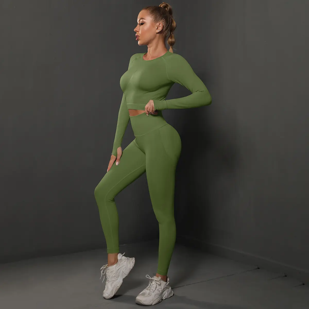 Women's Solid Long Sleeve Crop Top & High Waist Leggings Tracksuit Set, Casual Comfy Breathable Outfits for Yoga Gym Workout Running, Ladies Sportswear for All Seasons Women's Solid Long Sleeve Crop Top & High Waist Leggings Tracksuit Set, Casual Comfy Breathable Outfits for Yoga Gym Workout Running, Ladies Sportswear for All Seasons