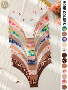 Ladies' underwear set of 12 - a mix of patterned and solid colors, low-rise seamless wave-edge V-shaped women's briefs, comfortable and soft fit, Soft Fit Panty, Fashion Comfy Underwear