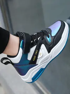 Children High-Top Sports Shoes for Boys and Girls, Youth Fashion Shoes, PU Leather Casual Running Shoes, Anti-Slip Sole, Velcro Closure, Colorblock Style, Sports Footwear