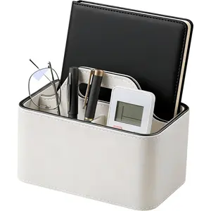 Organizer with Handle, PU Leather Remote Control Holder Desk , Portable Makeup Remote Organizer for Table, Nightstand, Office (Cream)