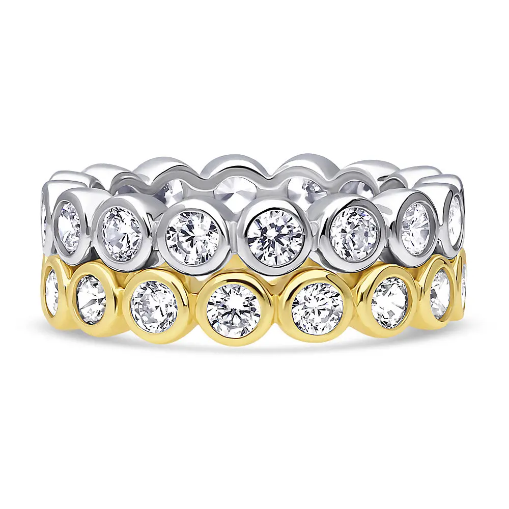 BERRICLE Yellow Gold Flashed Sterling Silver Bubble Rings Statement Stackable Eternity Band Ring Set for Women, Bezel Set Round Cut Cubic Zirconia CZ