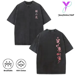 Washed T-shirt Japanese Cherry Blossom Double-Sided Cherry Blossom Pattern Print. Short Sleeve Washed T-Shirt Cotton Double-Sided Washed All-Matching Fashionable Retro Batik High y2k,Vintage,Streetwear Christmas gift,Cyber Monday graphic tees