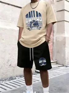 Cotton Trendy Vintage Men’s "Dallas Football 1960" 2-Piece Set | Beige Sports Graphic Tee + Black Matching Shorts Y2K Style Fashion Pattern Oversized Cotton Casual Streetwear Outfit, Summer Daily Wear