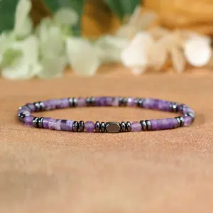 Natural Amethyst Hematite Bracelet 4mm Gemstone Tibetan Beaded Stretch Bracelet Spiritual Healing Handmade Birthstone Bracelet