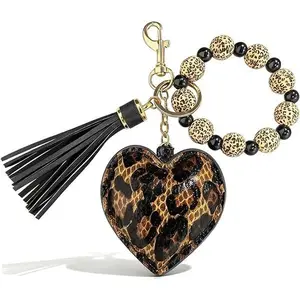 Veliora Gift B Heart Keychain Leopard Keychain Wristlet Cheetah Print Bag Charm Valentines Day Gifts for Her