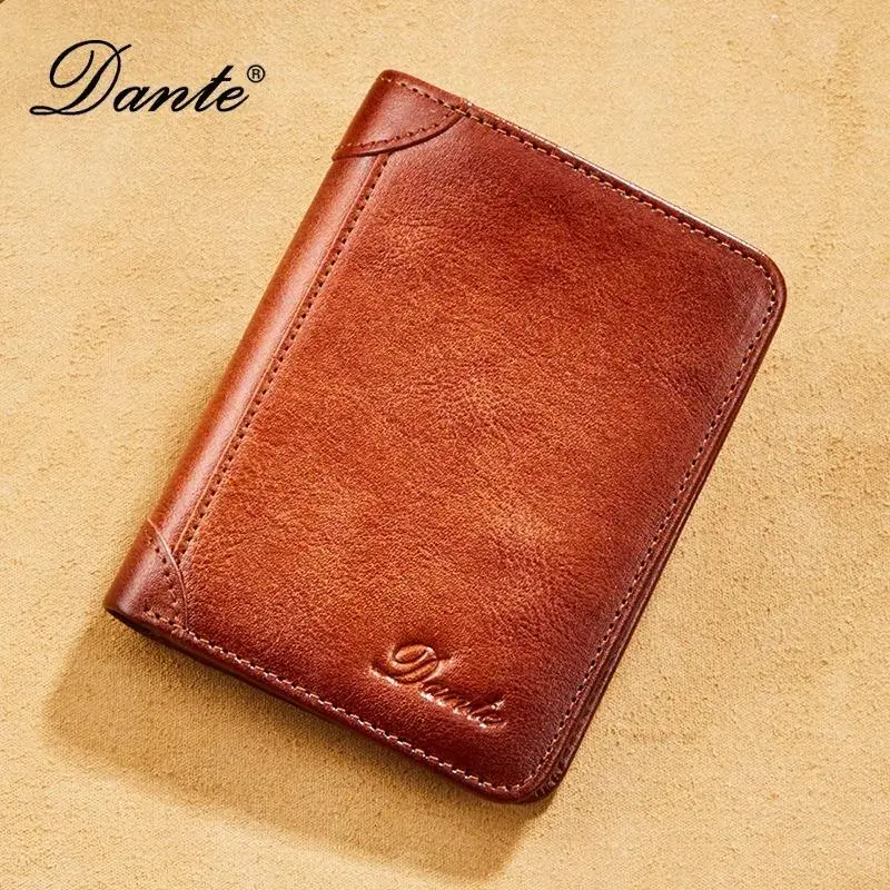 Dante Trifold RFID Leather Wallet for Men – Retro Vertical Cowhide Purse with Brush Finish & Anti-Theft Technology Retro PU Leather Men's Wallet