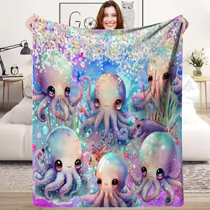 Lodge Style Octopus Themed Knitted Blanket - Soft Polyester Flannel, Animal Pattern, All-Season Comfort Wrap, Unique Decorative Gift for Friends