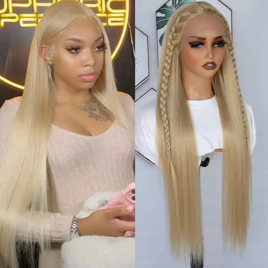 32 Inch Platinum White Lace Front Wigs Pre Plucked Long Straight Hair Wigs 13x4x1 T-Part Lace Wig Glueless White Colored Wigs Heat Resistant Fiber