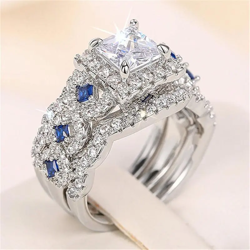3Pcs/Set 925 Sterling Silver Rings Princess Cut Blue CZ Luxury Wedding Engagement Party Jewelry Set for Women Fashion Accessory