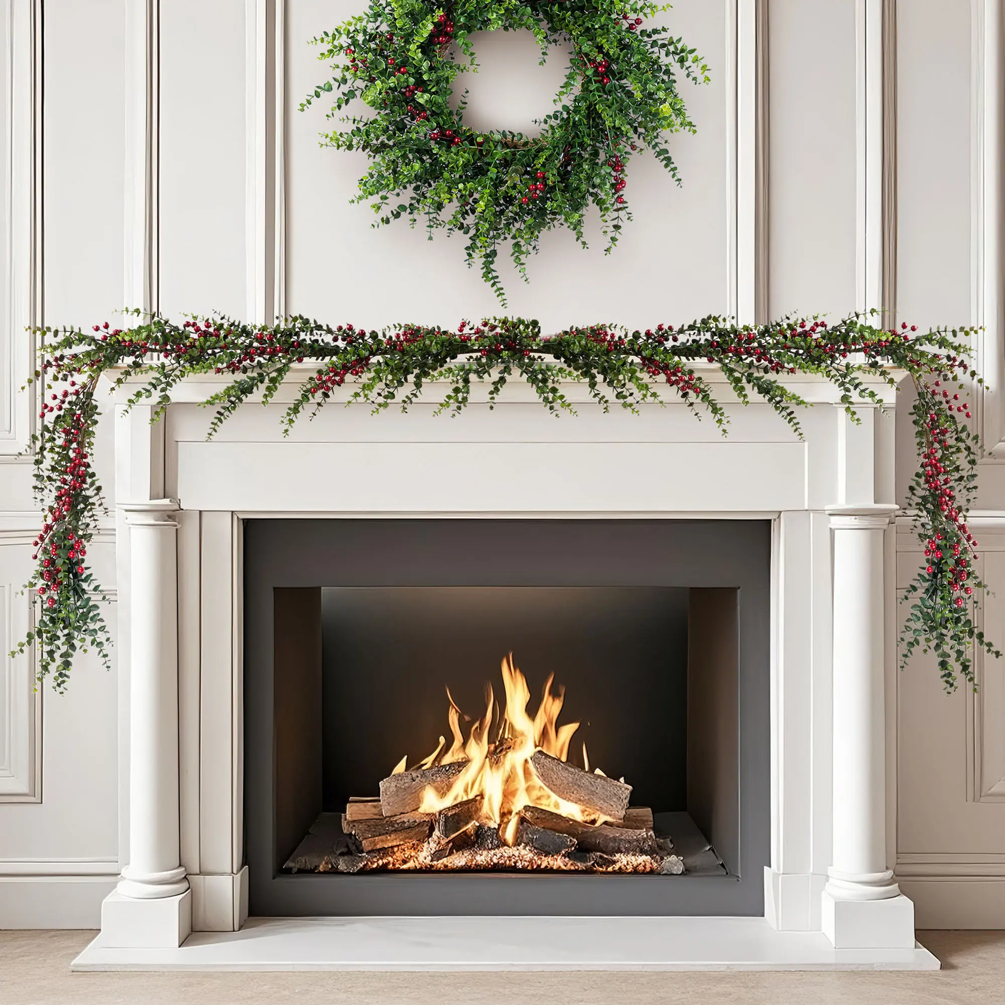 Glitzhome 9ft/6ft Christmas Greenery PE Dripping Eucalyptus Garland & 28"D Wreath