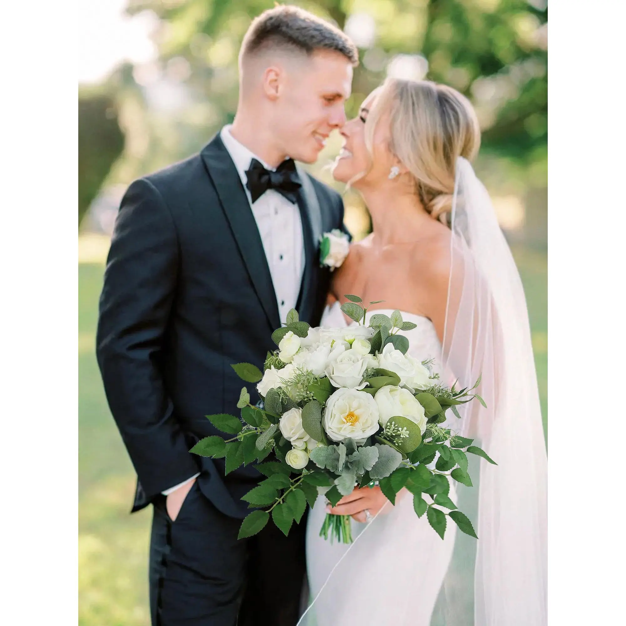 Rinlong Luxury Natural 13x15 in Silk Sage Green & White Photorealism Artificial Flowers Bridal Bouquet - 13 in Neutral Tone Rustic Outdoor Ceremony Wedding Decor, Home Supply