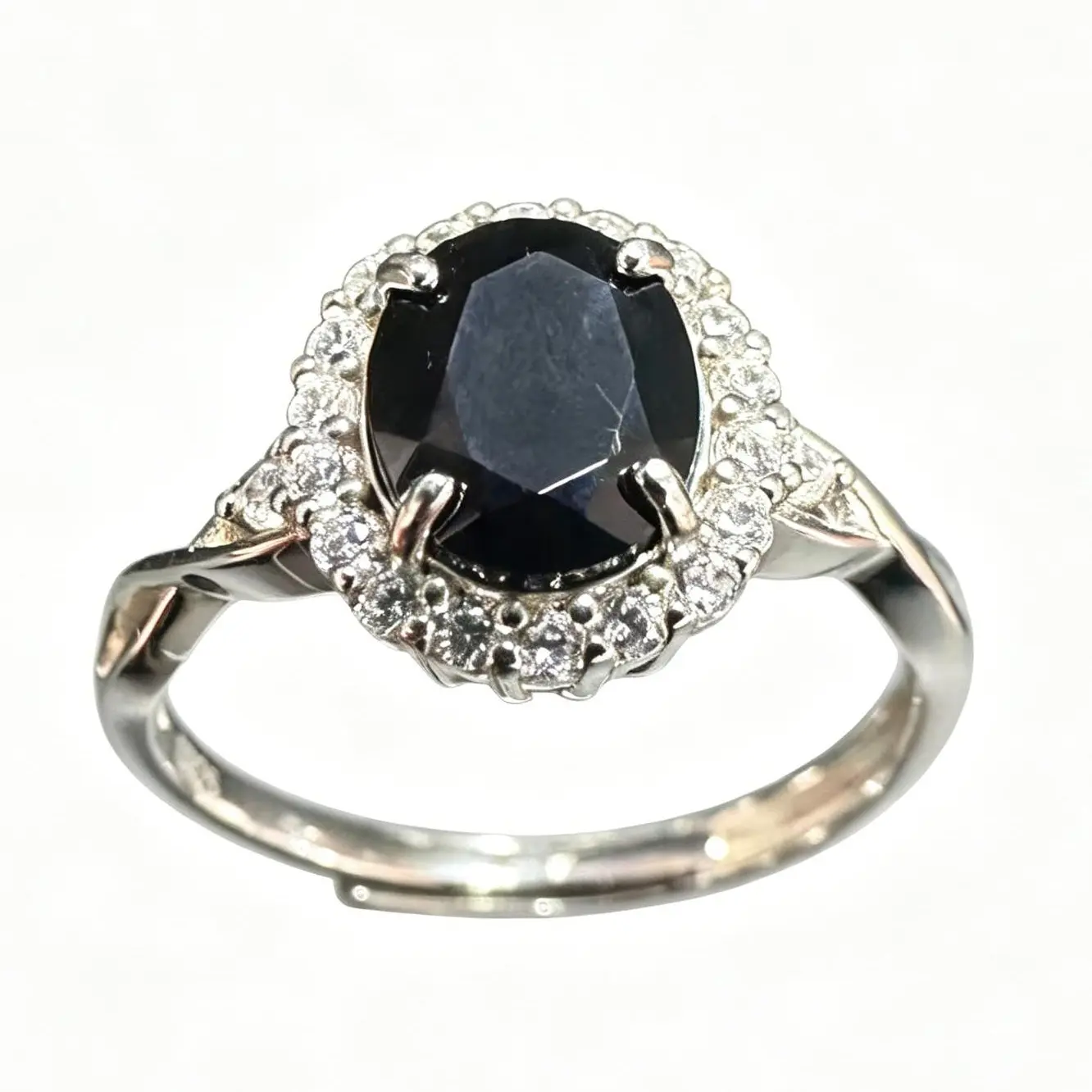925 Silver Natural Black Onyx Adjustable Halo Ring