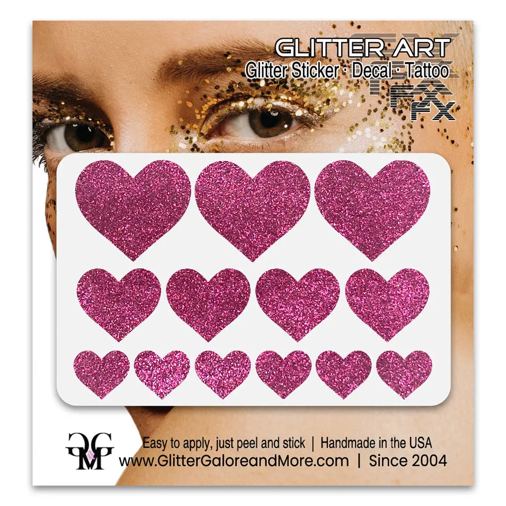Heart Glitter Stickers, Multisize, 13 Stickers - Available in Brilliant Glitter Colors