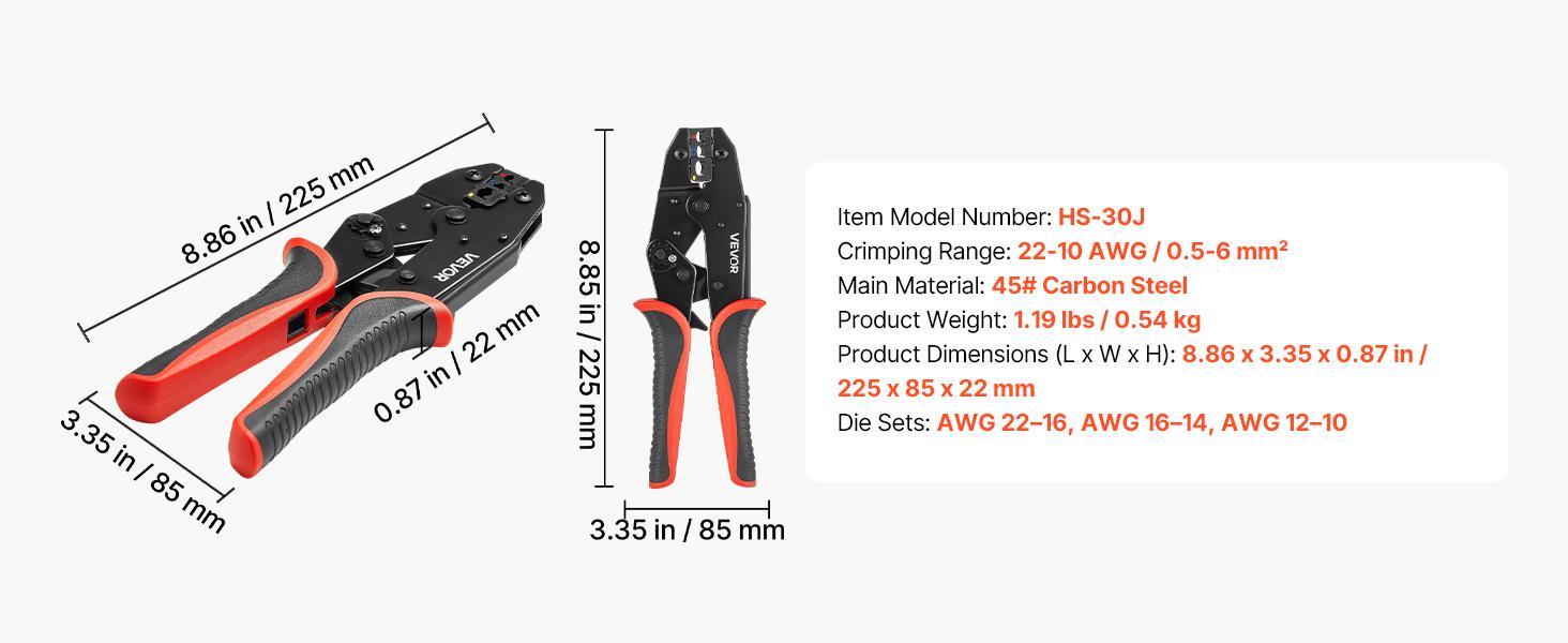 【Summerfinds】VEVOR Crimping Tool22-10 AWG Ratcheting Wire Crimper ToolLabor-Saving Electrical Terminal Crimp Pliers with Clear Metric & AWG MarkingsQuick ReleaseAdjustable Force for Multiple Terminals 【Summerfinds】VEVOR Crimping Tool22-10 AWG Ratcheting Wire Crimper ToolLabor-Saving Electrical Terminal Crimp Pliers with Clear Metric & AWG MarkingsQuick ReleaseAdjustable Force for Multiple Terminals
