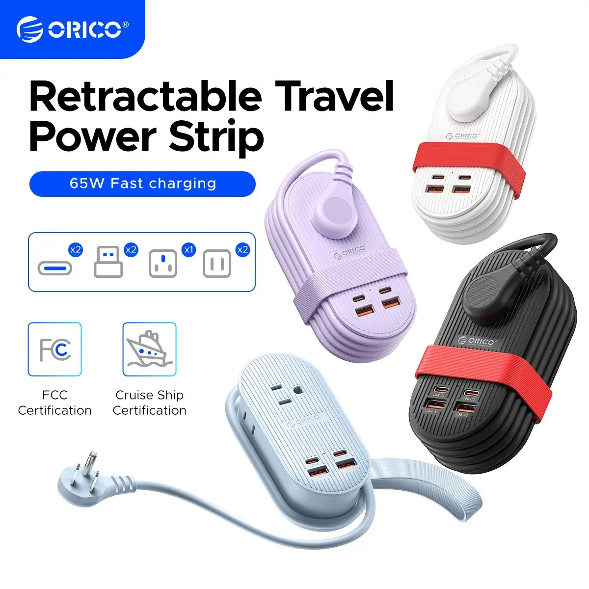 ORICO 7-in-1 Travel Power Strip,2 Outlets & 4 USB Ports (2TYPE-C+2USB-A), 65W GaN Fast Charging, Compact for Cruise, Hotel, Dorm, and Travel Essentials- TK