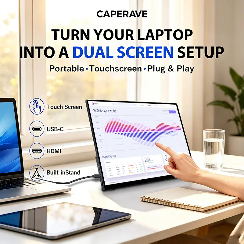 CAPERAVE 15.6" FHD 1080P 60Hz IPS Portable Touchscreen Monitor - 10-Point Multi-Capacitive Touch, USB-C/HDMI Plug-and-Play, External Dual Screen with Speakers for Laptop PC Travel Work, Cordless
