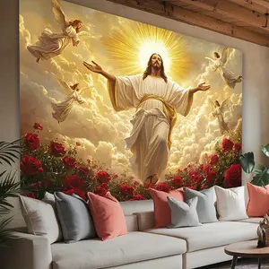 Divine Angelic Blessing Backdrop Holy Religious Art with Jesus and Angels for Faith-Based Interior Decoration Ornaments Colorful Sacred Atmosphere