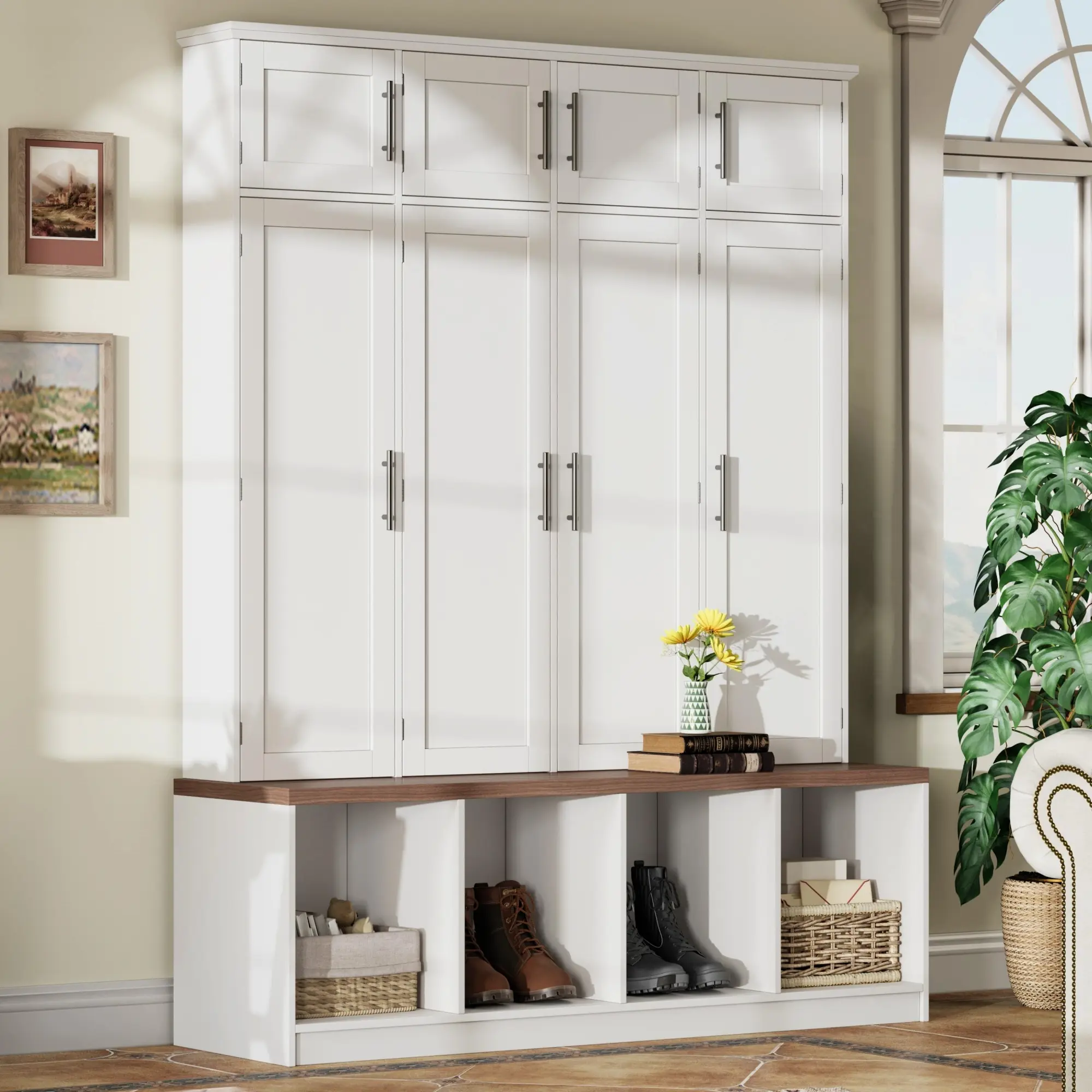 Bellemave Farmhouse Hall Tree Entryway Storage Cabinets - 4 Hidden Hanging Hooks, Walnut Seating Bench with 8 Doors, Open Compartment for Living Room Entryway