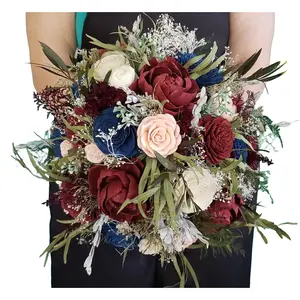 Burgundy, Blush, Navy Sola Wood Flower Fall Bouquet, Wildflower Bouquet, Wooden Flower Bouquet, Winter Wedding Bouquet