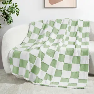 Checkered Throw, Super and Warm Fluffy for Couch, Sofa,, Cute Plaid Pattern, Sage Green, 50" x 60"