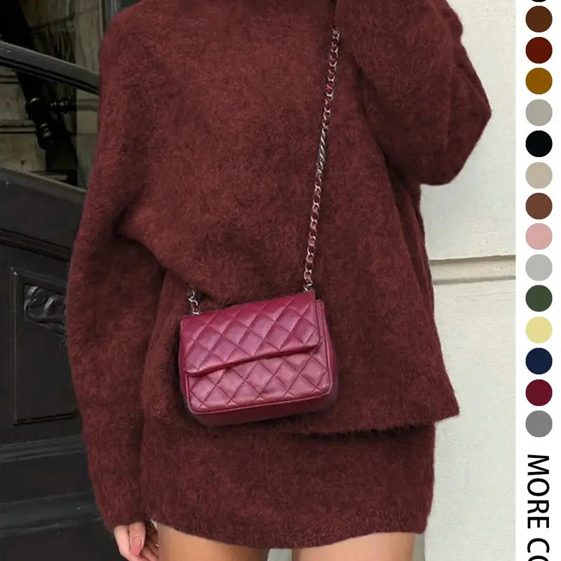 Autumn Winter Women's Basic Stylish Elegant Chic Commuter Two-Piece Set, Fall Matching Sets, Casual Elegance with Long Sleeve Fitted Knitted Top and Skirt, Perfect for Fashionable Outings, Womenswear, Clothes, Lady